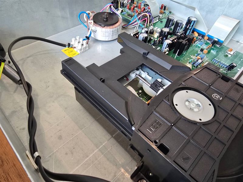 Sony CD tray and loading assembly partially disassembled inside the Musical Fidelity A3.2